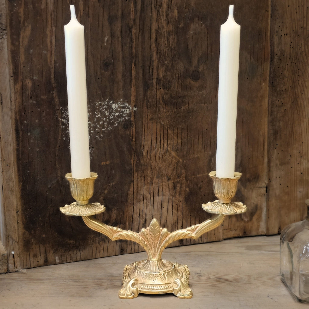 Gammel To-armet Lysestage messing mat fg