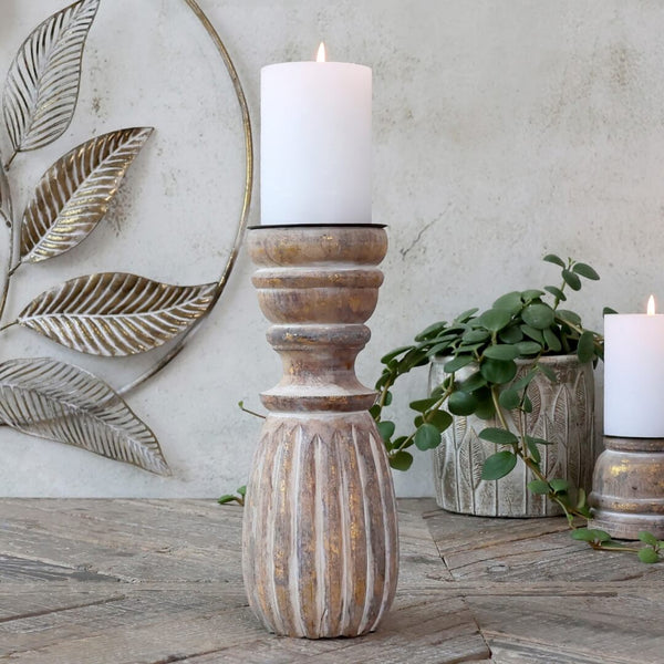 Trælysestage med guldstaffering og riller stor