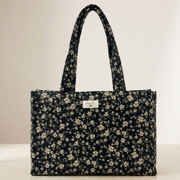Botanique quiltet Shopper Taske sort blomster