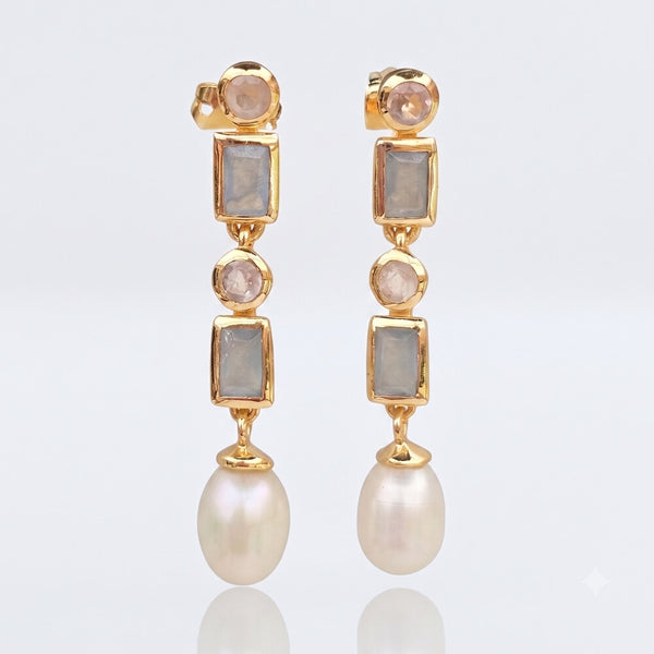 Ewan forgyldte Øreringe perle, chalcedon & rosaquartz