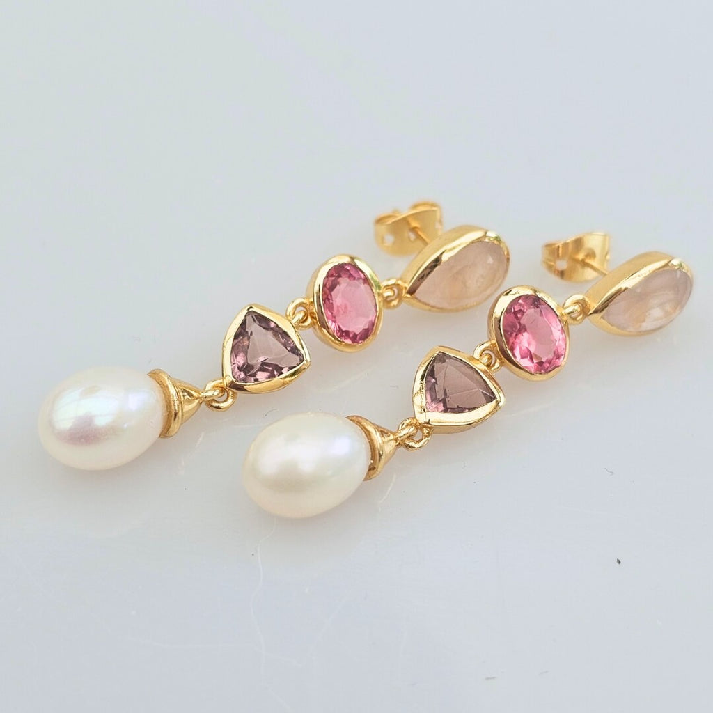 Griselda forgyldte Øreringe perle, turmalin, rhodolit & rosaquartz