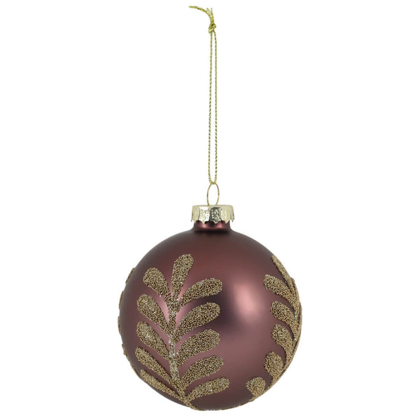 Julekugle bladmønster 8 cm mocca/guld
