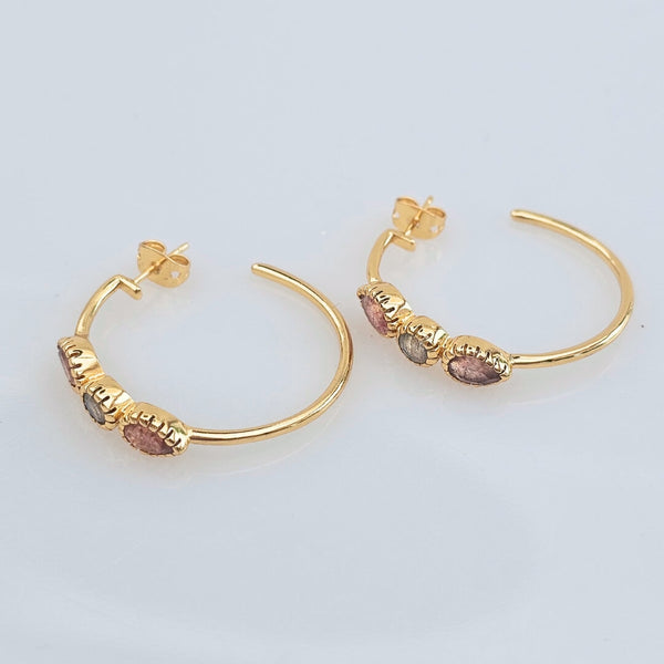Oaklyn forgyldte Hoop Øreringe labradorit & cherry Quartz