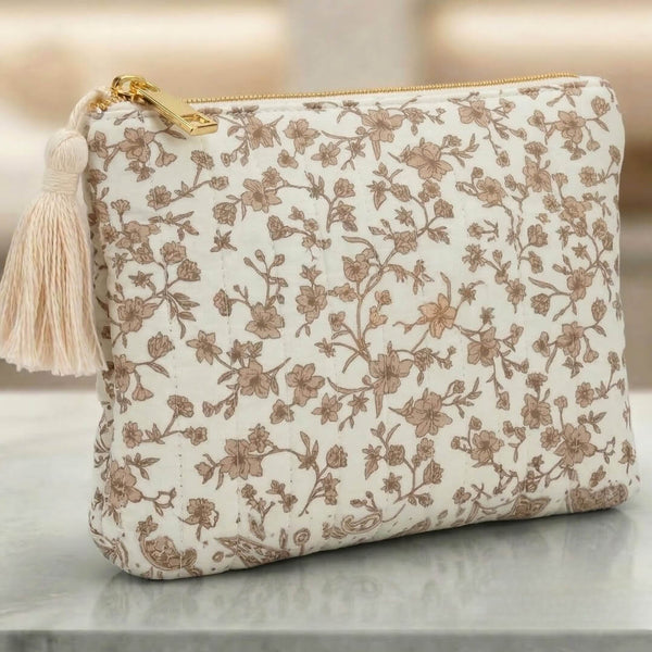 Pretty quiltet Kosmetiktaske taupe blomster