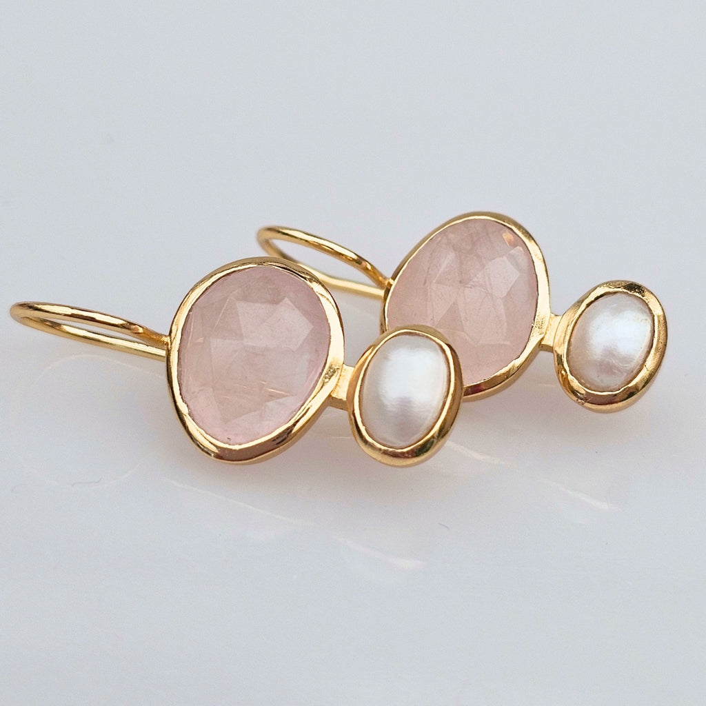 Primrose forgyldte Øreringe med perle & rosaquartz