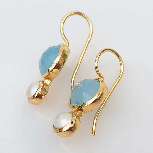Primrose forgyldte Øreringe med perle & aqua chalcedon