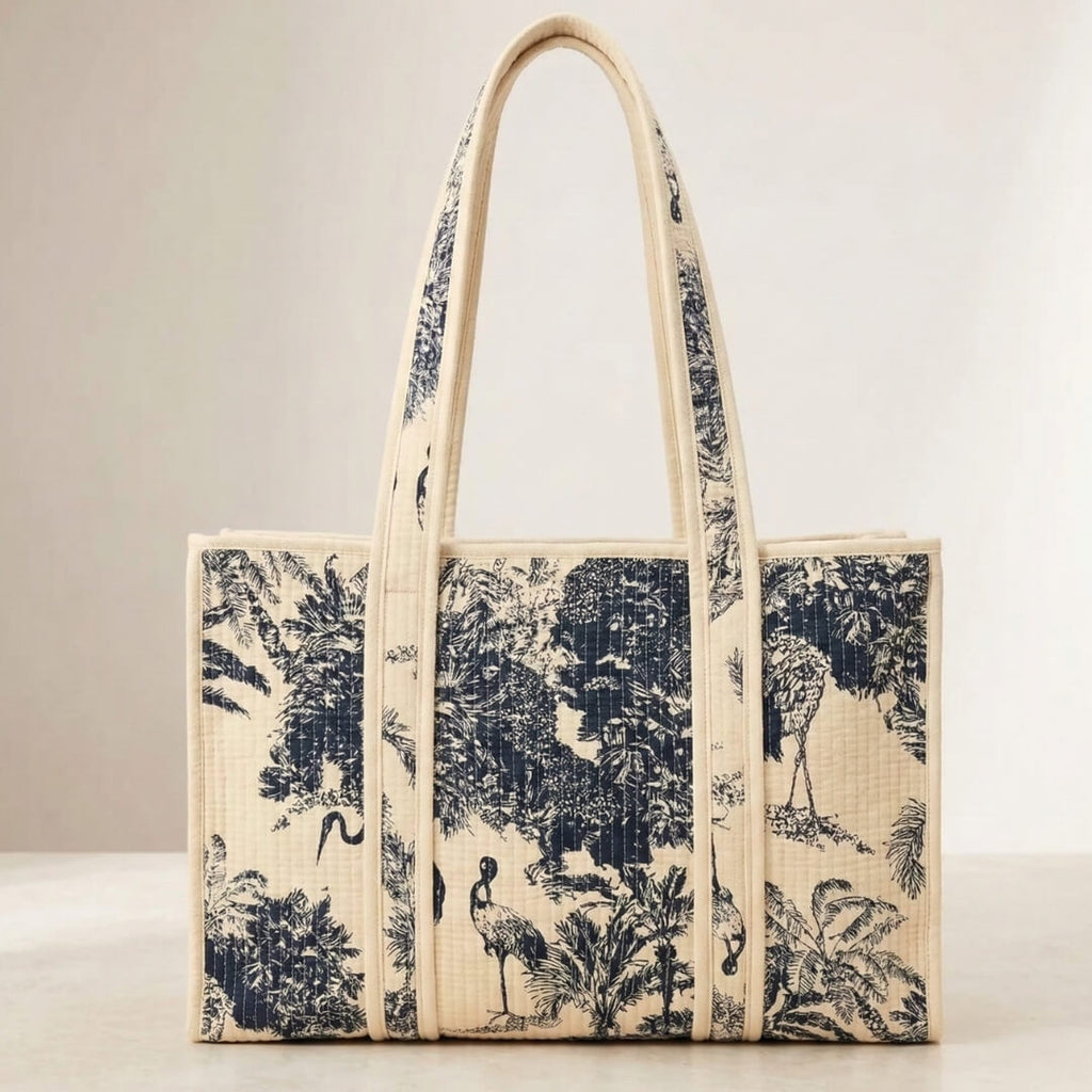 Safari quiltet shopper taske Toile de Jouy blå