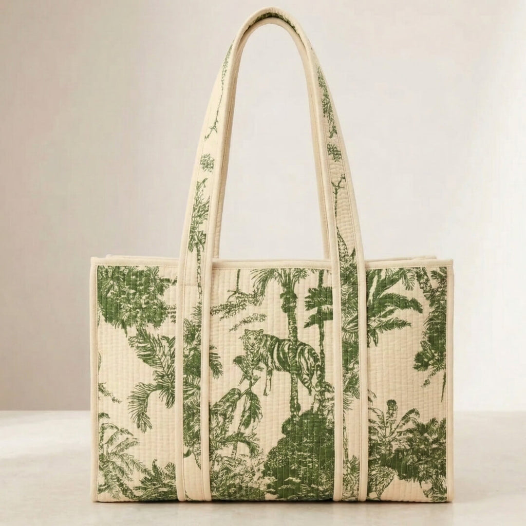 Safari quiltet shopper taske Toile de Jouy grøn