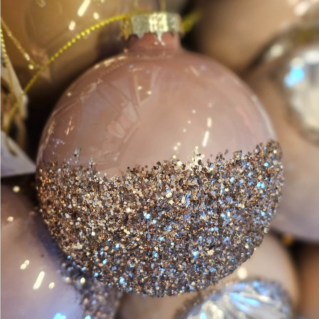 Rosa Julekugle glas med glimmerbund
