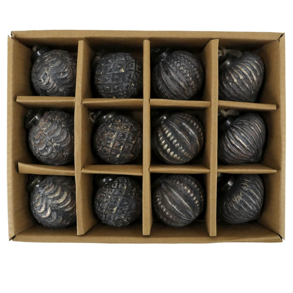 Små Julekugler i æske 12 stk antique mocca