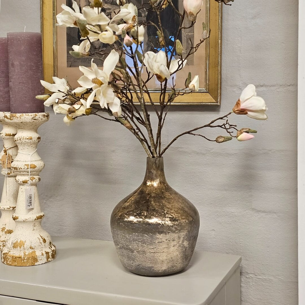 Vase smal hals glas guld og magnolia